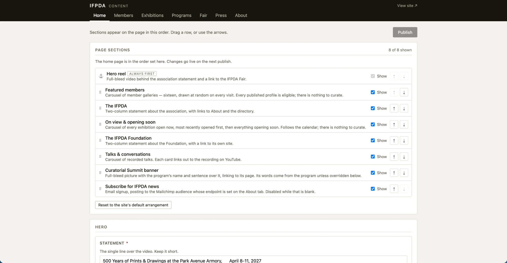 The Home tab of the IFPDA content manager: a Page sections list with drag handles, Show checkboxes and up and down arrows for the hero reel, featured members, on view and opening soon, the Foundation, talks, a summit banner and the newsletter signup, plus a Publish button.