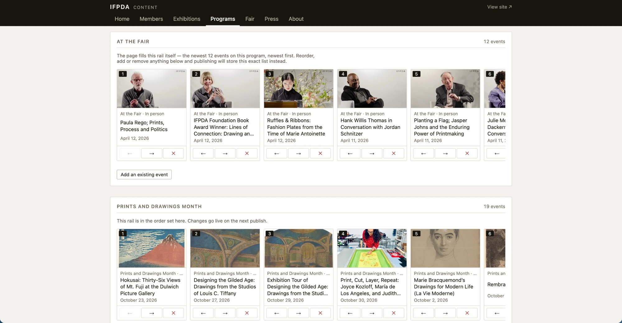 The Programs tab of the IFPDA content manager: two rails, At the Fair and Prints and Drawings Month, each showing numbered event cards with left, right and remove controls and an Add an existing event button.